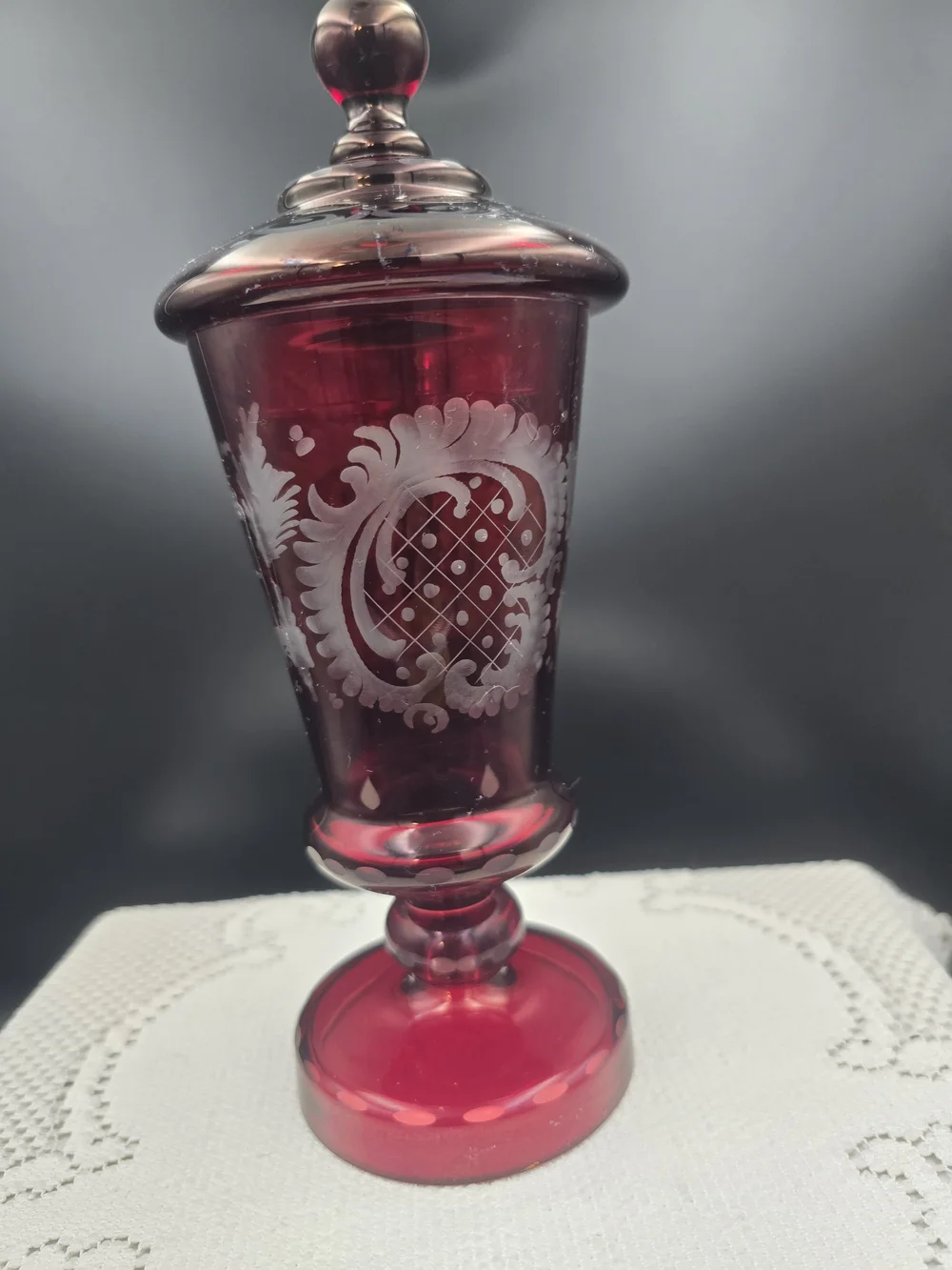 Ruby Red Etched Glass Covered Goblet - Decorative Home Art